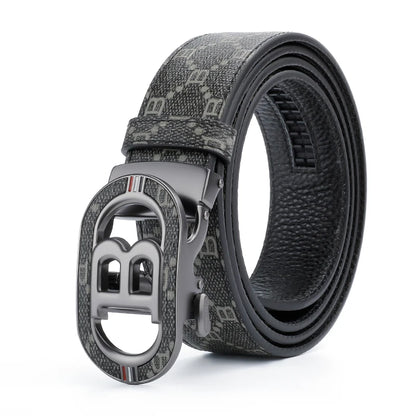 Fashion B Letter Auto Buckle Belt Men's Monogram Print PU Leather Adjustable Waist Strap for Daily Work
