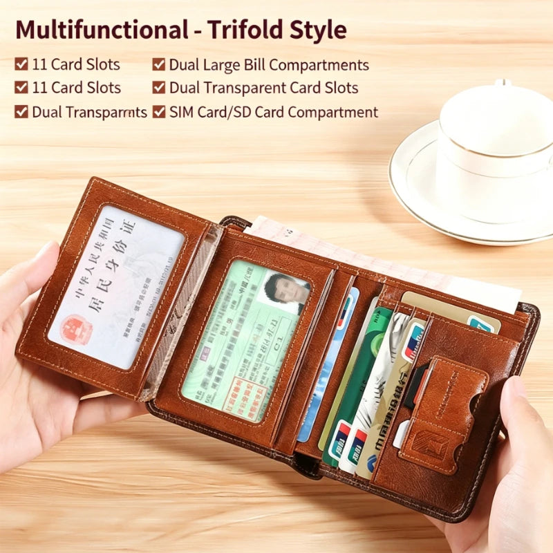 Genuine Leather Men's Wallets RFID Blocking Trifold Business Short Purse Wallet for Men with ID Window and Credit Card Holder