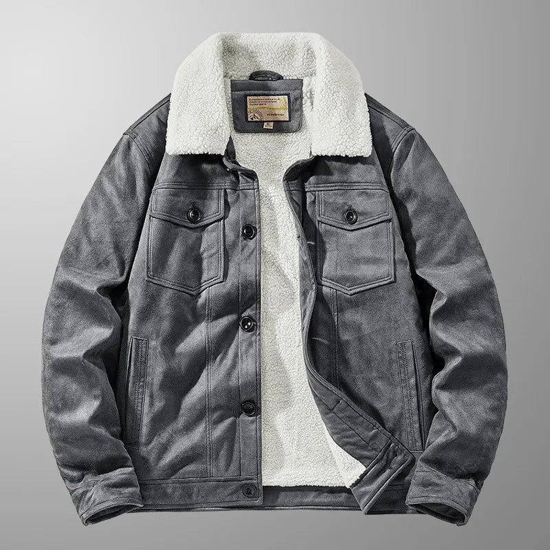 New Winter Men Fleece Warm Suede Leather Jackets Man Multi-pockets Casual Leather Coats Quality Male Fashion Down Jackets Size 4