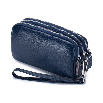 Women Long Wallet Genuine Leather 3-Layer Zipper Purse Bag Large Capacity Wristlet Clutch Wallets Phone Bag Money Purses