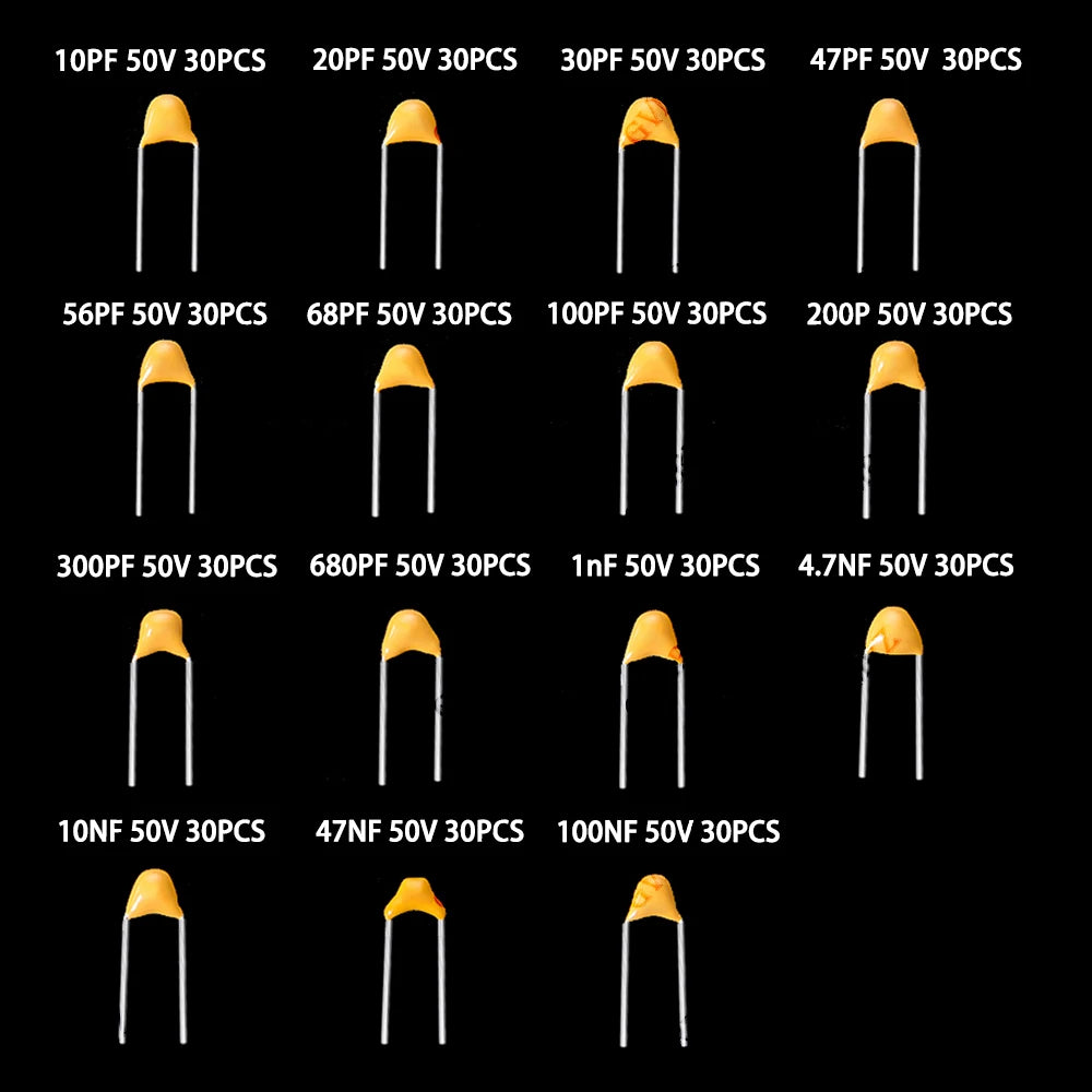 450PCS Monolithic Ceramic Capacitor Kits 10pF - 100NF 50V 10PF 30PF 47PF 56PF 68PF 100PF 200PF 300PF PF 10NF 100NF MLCC with Box