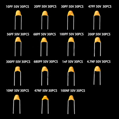 450PCS Monolithic Ceramic Capacitor Kits 10pF - 100NF 50V 10PF 30PF 47PF 56PF 68PF 100PF 200PF 300PF PF 10NF 100NF MLCC with Box