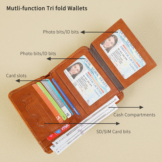 Genuine Leather Men's Wallets RFID Blocking Trifold Business Short Purse Wallet for Men with ID Window and Credit Card Holder