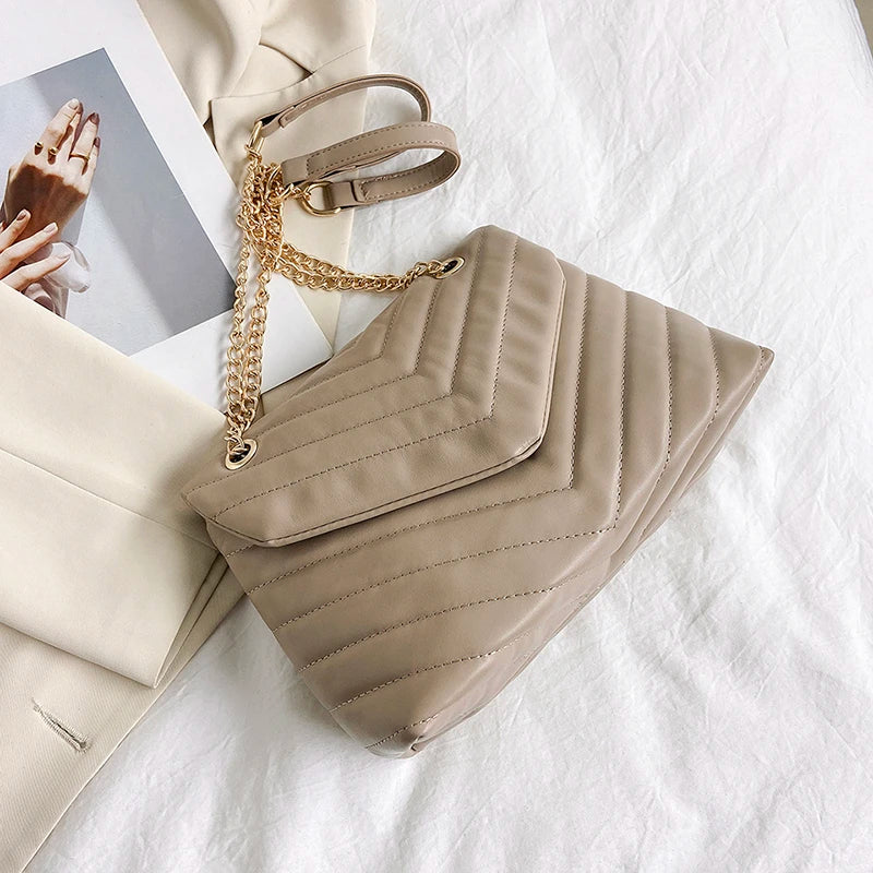 Embroidery Thread PU Leather Crossbody Bags For Women 2025 Women's Branded Trending Shoulder Handbags Chain Clutch Bag Black