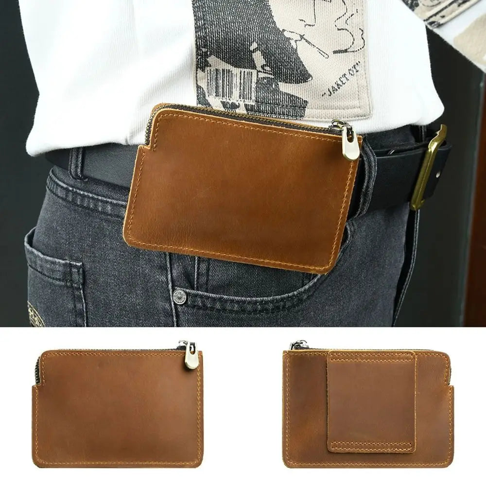 Genuine Leather Men's Short Wallet Ultrathin with Belt Loop Belt Hanging Money Pouch Portable Lightweight Zipper Coin Purse