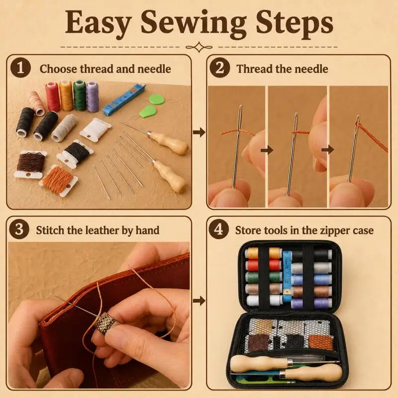 Leather Sewing Tools Kit With Waxed Thread And Needles Awl Professional DIY Leather Handmade Craft Accessories Tools
