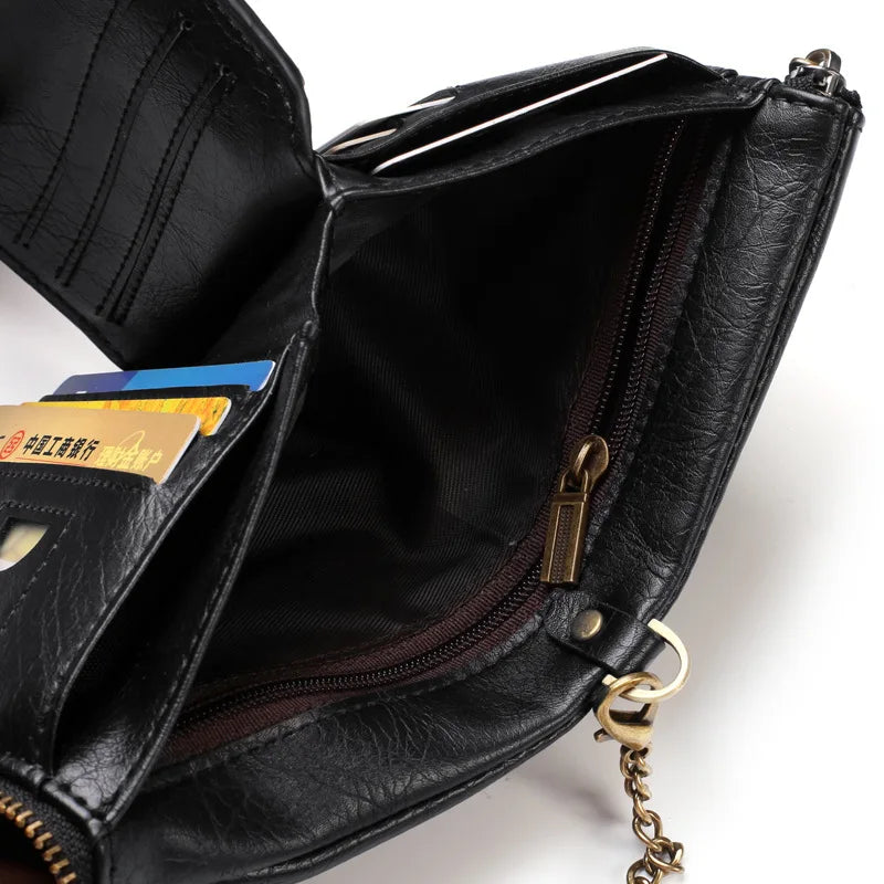 Business Men Wallets PU Leather Short Card Holder Chain Luxury Brand Men's Purse High Quality Classic Retro Male Wallet