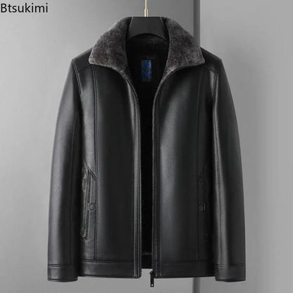 New Men's Leather Jackets Autumn Winter Fleece Warm Motorcycle Coat Fashion Business Casual PU Leather Jacket Men Slim Outerwear