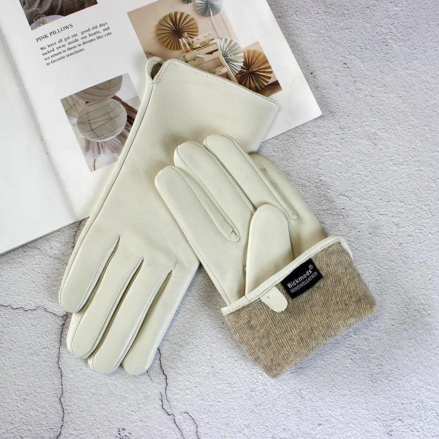 Leather Sheepskin Gloves Women's Autumn Warm Fleece Lining Color Fashion Thin Outdoor Activities Electric Bike Riding Driving
