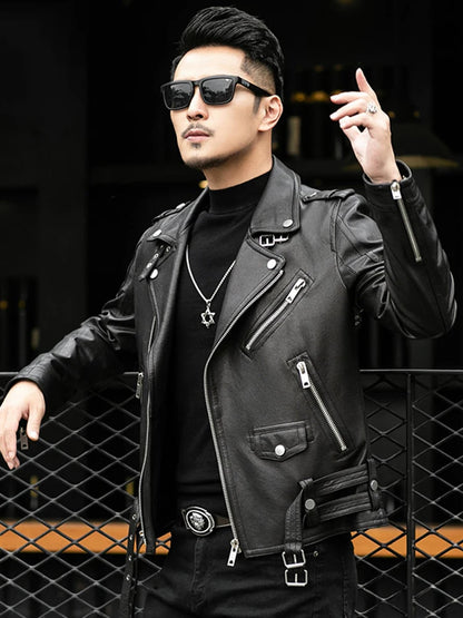 Moto leather jackets Black Leather Biker Jacket Men Zipper Long Sleeve Belt Plus Size European Fashion brand leather jackets