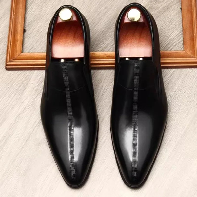 Men's Genuine Leather Pointed Toe Loafers Slip-on Leather Dress Shoes Business Office Wedding for Men Flats Shoes