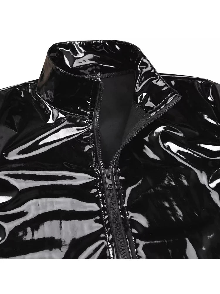 Long Sleeve Wet Look PVC Mens Jackets Coats Shiny PU Leather Tops Tights Sexy Clubwear Windbreaker Streetwear Motorcycle T Shirt
