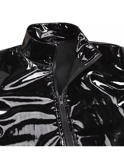 Long Sleeve Wet Look PVC Mens Jackets Coats Shiny PU Leather Tops Tights Sexy Clubwear Windbreaker Streetwear Motorcycle T Shirt