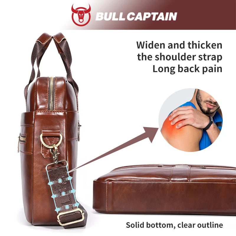 BULLCAPTAIN Leather Laptop Bag, Top Layer Leather 15" Laptop Bag Men's Laptop Briefcase Briefcase Work Business Travel Bag 053