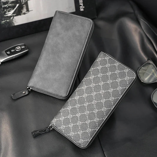 Fashion Men's High Quality Pu Leather  Long Wallet Mobile Phone Card Clip Coin Purse Pattern Plaid Wallet Large Capacity