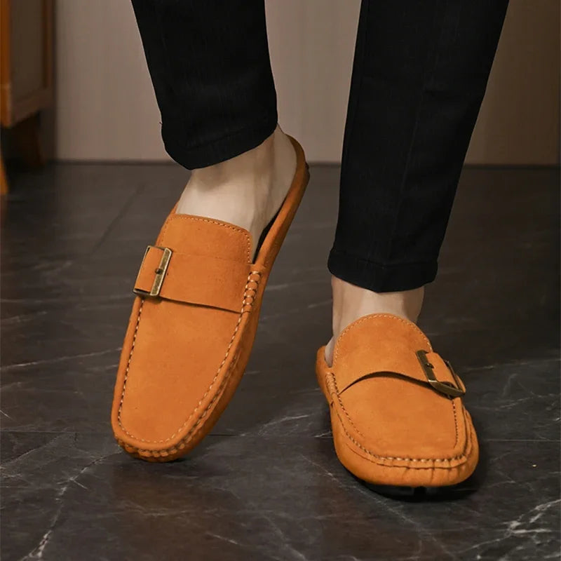 2025 Men's Slippers Leather Casual Shoes Summer Flat Bottom Outdoor Non Slip Comfortable Luxury Trendy Set Wearing Half Slippers