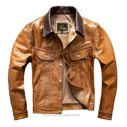 Men's First Layer Goatskin Storm Rider Leather Jacket Lapel Short Denim Style Genuine Leather Coat Plus Size
