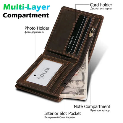 100% Genuine Leather Simple Design Retro RFID Wallet for Men with Cardholder Money Bags Men's Oil Wax Skin Short Wallets