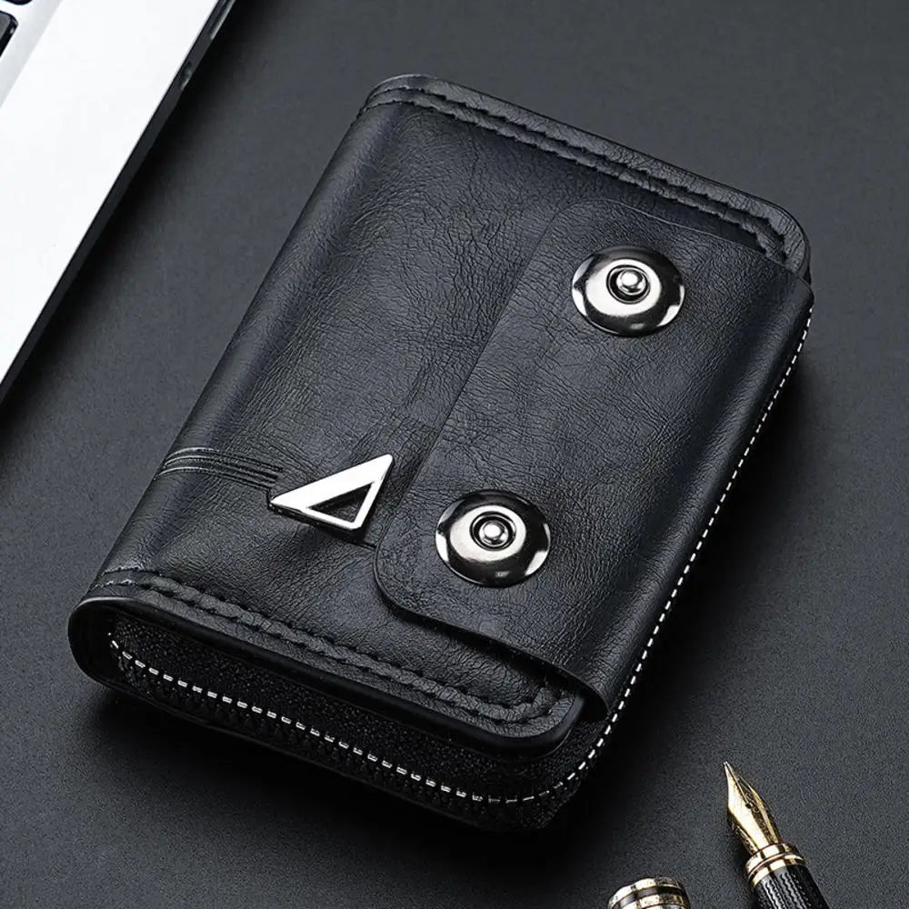 Card Holder Leather Wallet Gift Travel Business Casual Men's Double Buckle Zipper Short Coin Purse Multi-function Money Bags