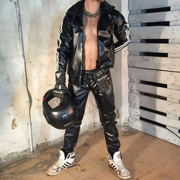 Men's  Leather Gloss Jacke Jacket Hoodie Jogging Suit Sportswear