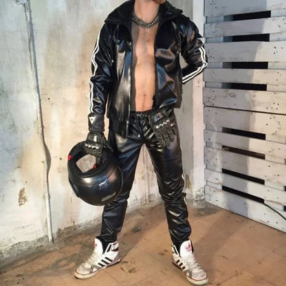 Men's  Leather Gloss Jacke Jacket Hoodie Jogging Suit Sportswear