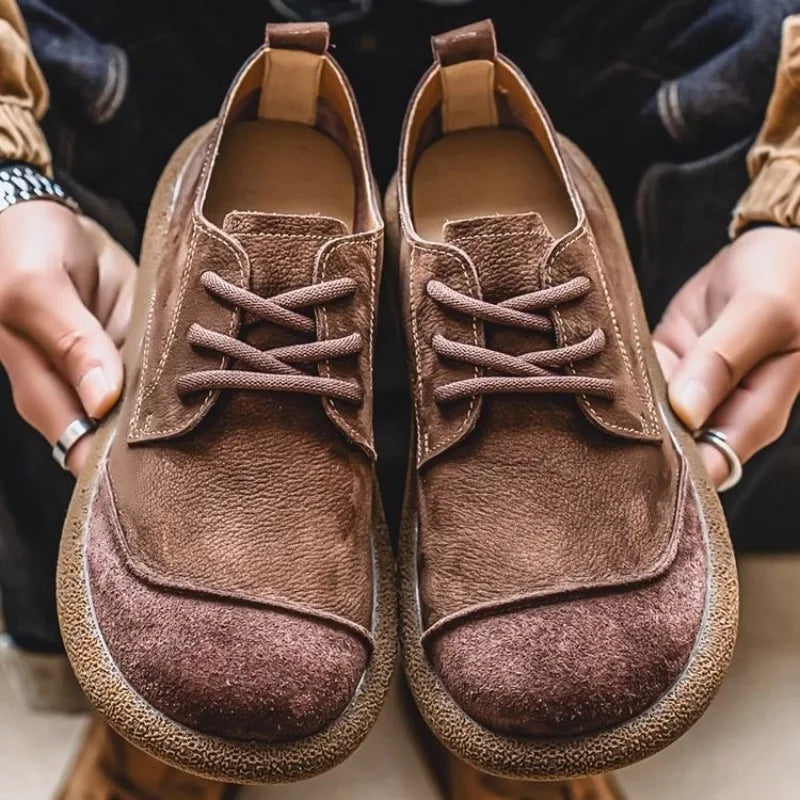 2025 Autumn New Leather Casual Shoes Wide Head Retro Low-top Lace-up Men's Shoes Trendy Versatile Soft Sole Breathable Shoes