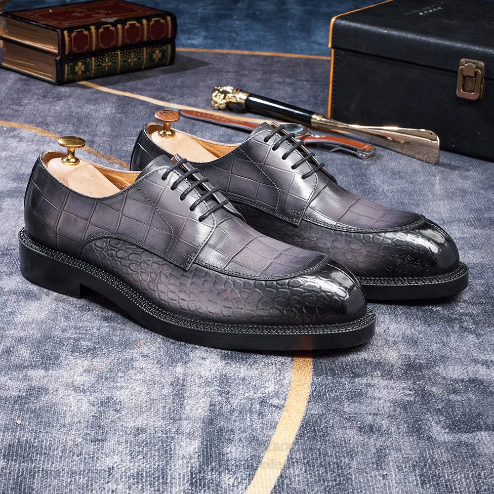 Men's Leather Shoes British Style Black Genuine Cowhide Crocodile Pattern Formal Derby Shoes Thick Sole Height Increase Shoes