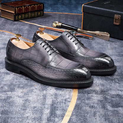 Men's Leather Shoes British Style Black Genuine Cowhide Crocodile Pattern Formal Derby Shoes Thick Sole Height Increase Shoes