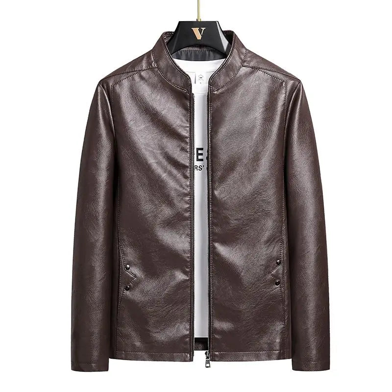 Men's Motorcycle PU Leather Jacket Spring New Thin Stand-up Collar Slim Handsome Top