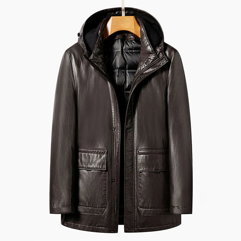 Men's Genuine Leather Jacket Hooded Down Jacket Coat Man Sheepskin Coat Windbreaker Male Winter Puffer Jacket Men Duck Down Coat