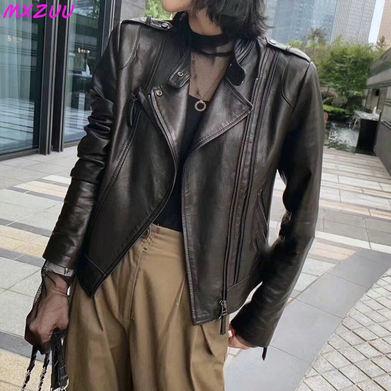 Leather Coat Women Short All-match European Fashion Biker Genuine Sheepskin Black Jackets Zipper Pocket Jaqueta Couro Feminina