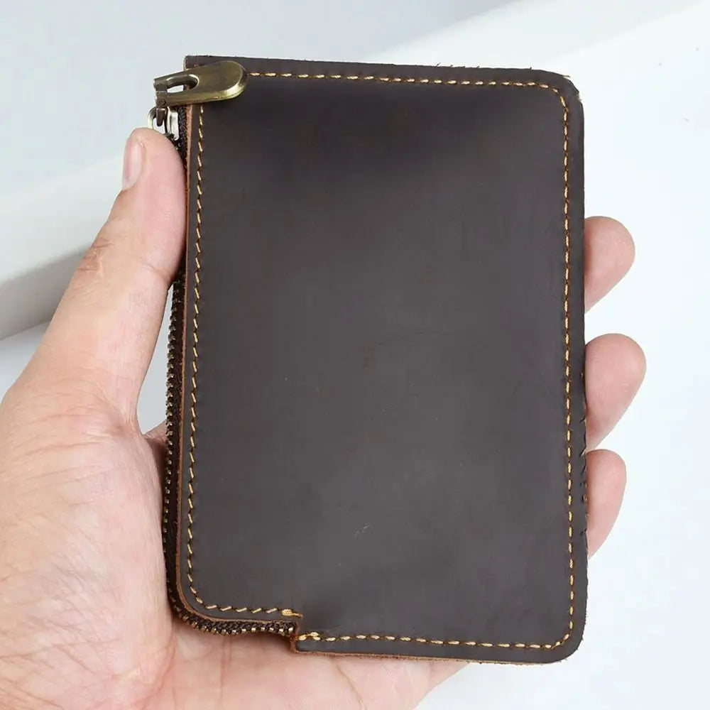 Genuine Leather Men's Short Wallet Ultrathin with Belt Loop Belt Hanging Money Pouch Portable Lightweight Zipper Coin Purse