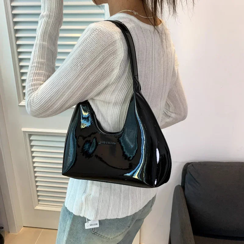 Trendy Designer Solid Shoulder Bags for Women Handbags and Purses 2024 New Fashion Patent Leather Underarm Ladies Tote Bags