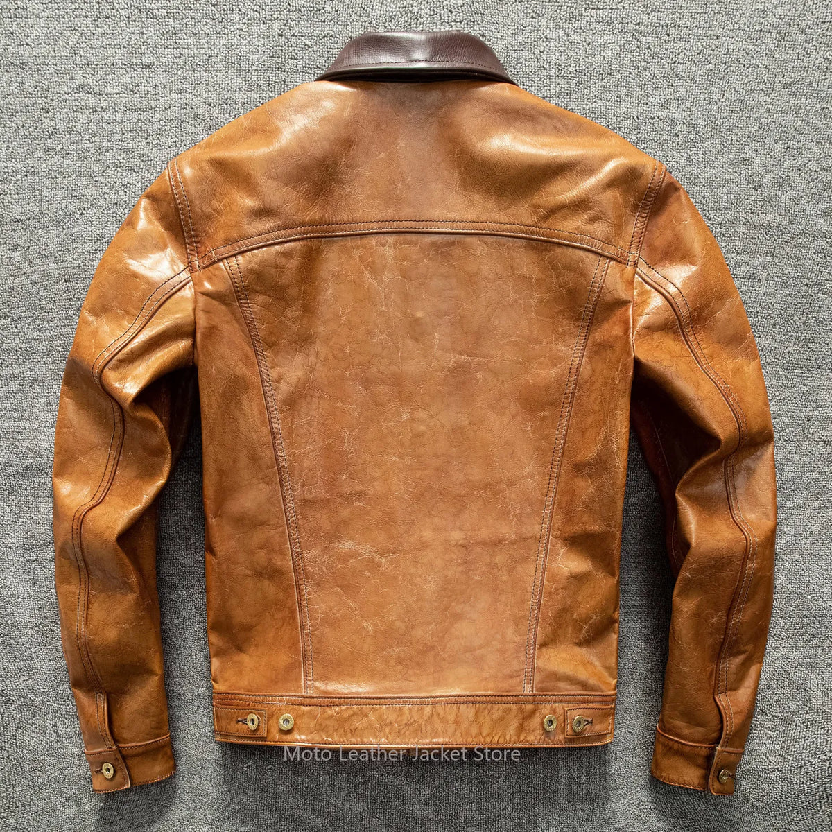 Men's First Layer Goatskin Storm Rider Leather Jacket Lapel Short Denim Style Genuine Leather Coat Plus Size