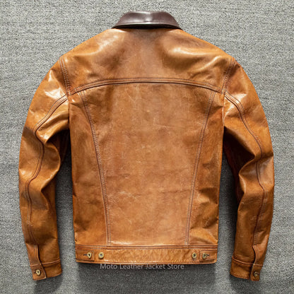 Men's First Layer Goatskin Storm Rider Leather Jacket Lapel Short Denim Style Genuine Leather Coat Plus Size