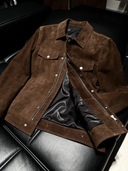 Luxury Mens Real Suede Leather Jacket Autumn Business Work Coat Spring Single Breasted Slim Fit Natural Suede Jacket Outerwear