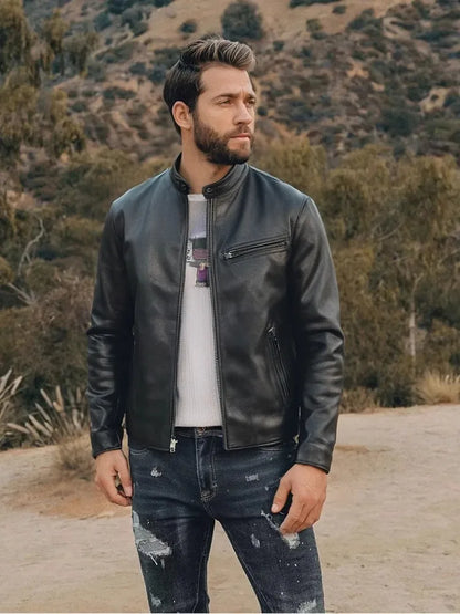 Black Winter Leather Jacket Men Sports Style Plus Size 4XL Genuine Natural Thick Cowhide Stand Collar Slim Fit Leather Coat