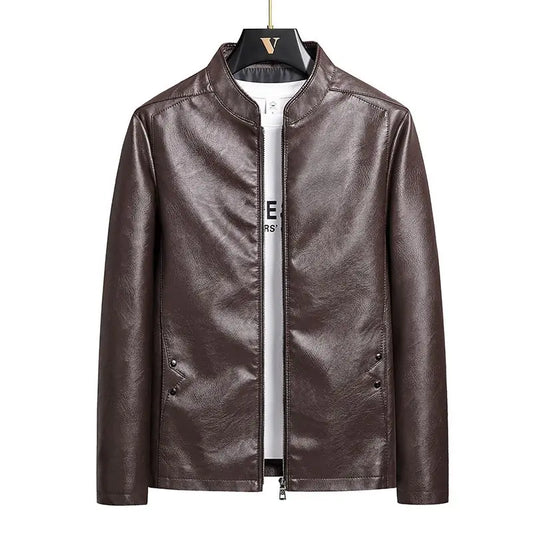 Men's Motorcycle PU Leather Jacket Spring New Thin Stand-up Collar Slim Handsome Top