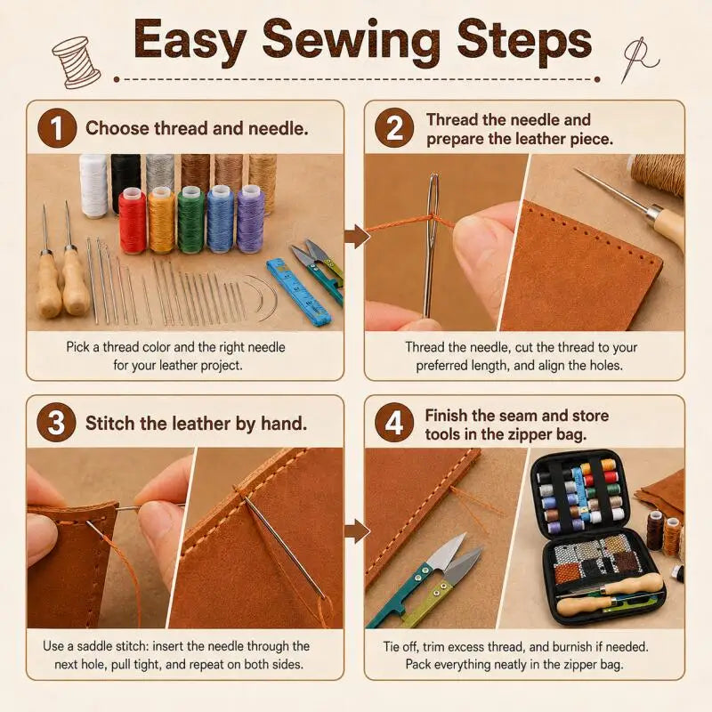 Leather sewing tool set, with waxed thread and needle threader, suitable for leather sewing DIY craft accessory set