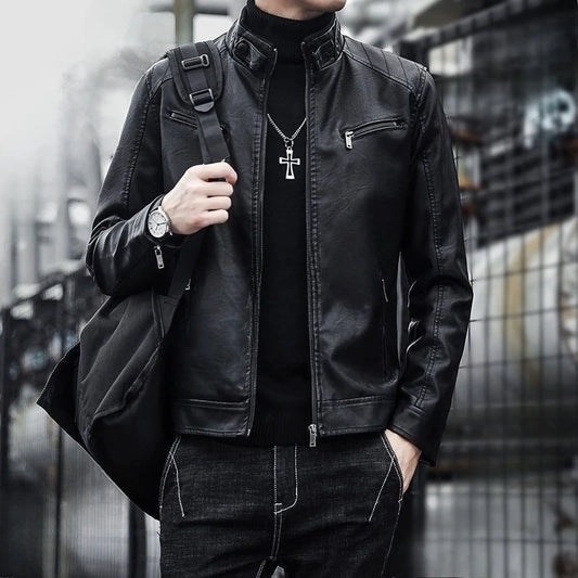 2026 New Leather Jacket Men's Spring and Autumn Thin Handsome Motorcycle Leather Jacket