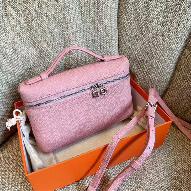 Lunch box bag, genuine leather women's bag, one shoulder crossbody handbag, lychee patterned makeup bag