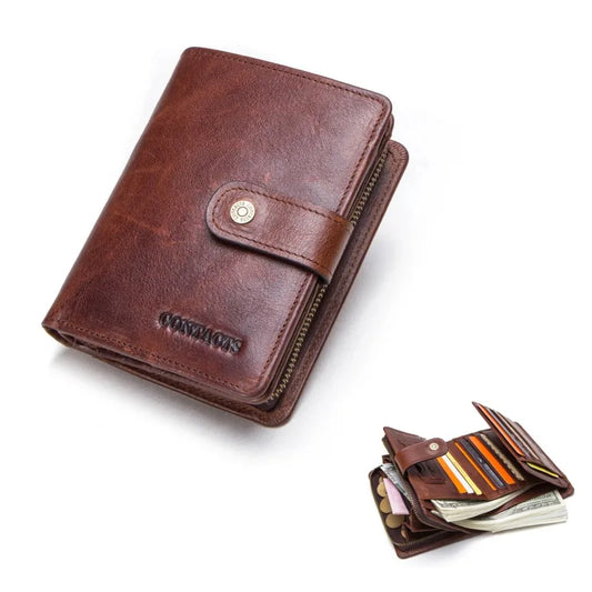 CONTACT'S Genuine Leather Wallets for Men Short Fashion Men's Purses Card Holder Business Zip Coin Purses Bag Photo ID Wallet