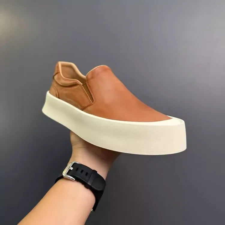 Vintage Mens New Slip On Loafers Thick Platform Casual Skateboard Shoes Cowhide Genuine Leather Shoes Outside Joggers Sneakers