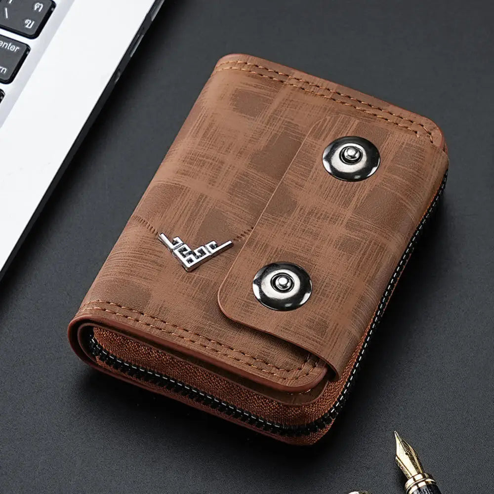 Card Holder Leather Wallet Gift Travel Business Casual Men's Double Buckle Zipper Short Coin Purse Multi-function Money Bags