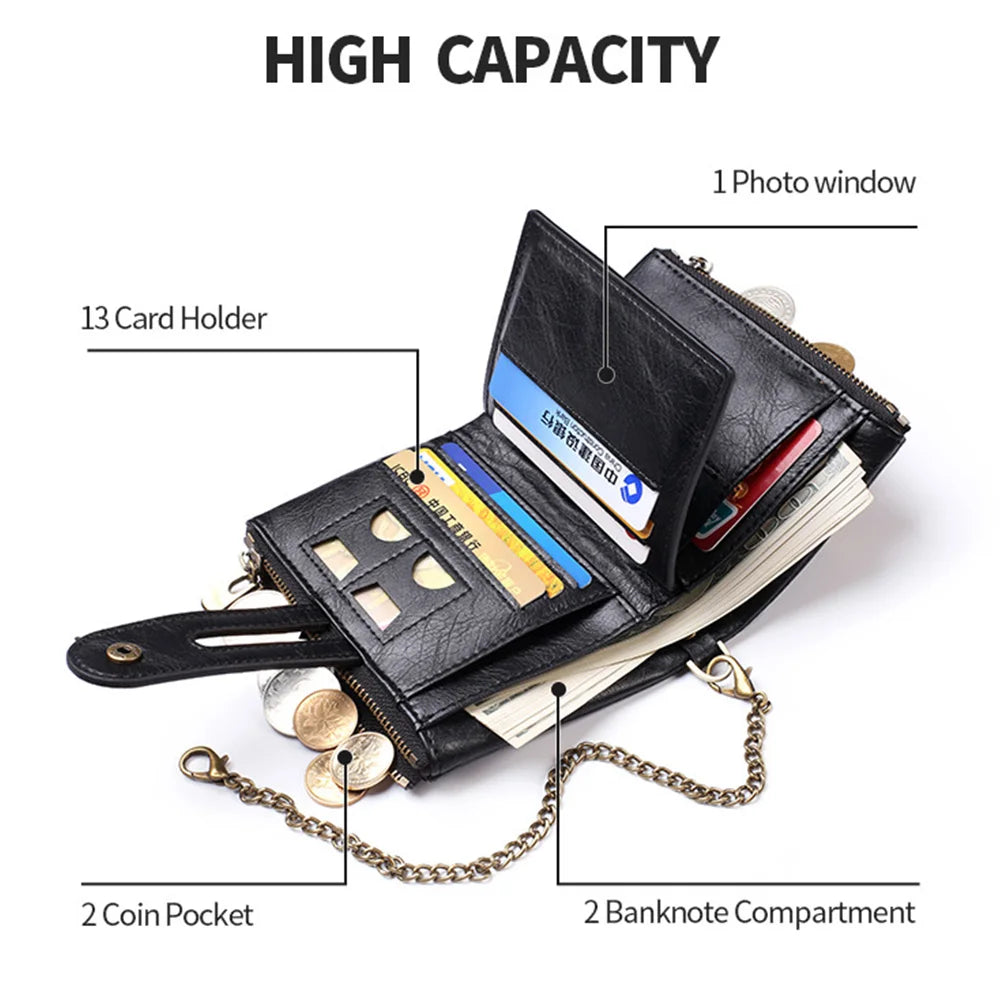 Business Men Wallets PU Leather Short Card Holder Chain Luxury Brand Men's Purse High Quality Classic Retro Male Wallet