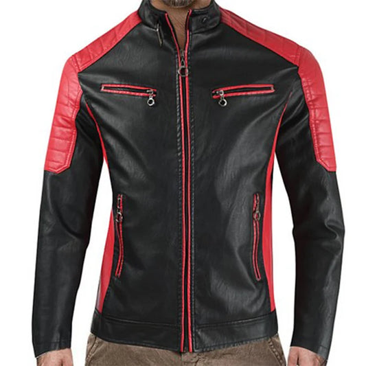 Men Motorcycle Leather Jacket Coat Fur Waterproof Warm Fashion Splicing Vintage Stand Collar Riding Black Long Jacket