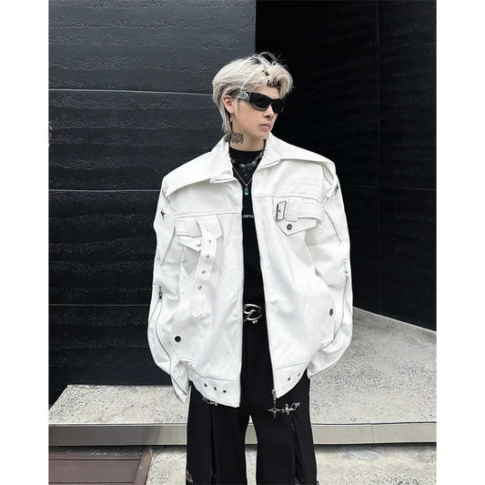 White Deconstructive Motorcycle Leather Coat men Spring Autumn Style American High Street Ruffian Handsome Heavy Industry Jacket