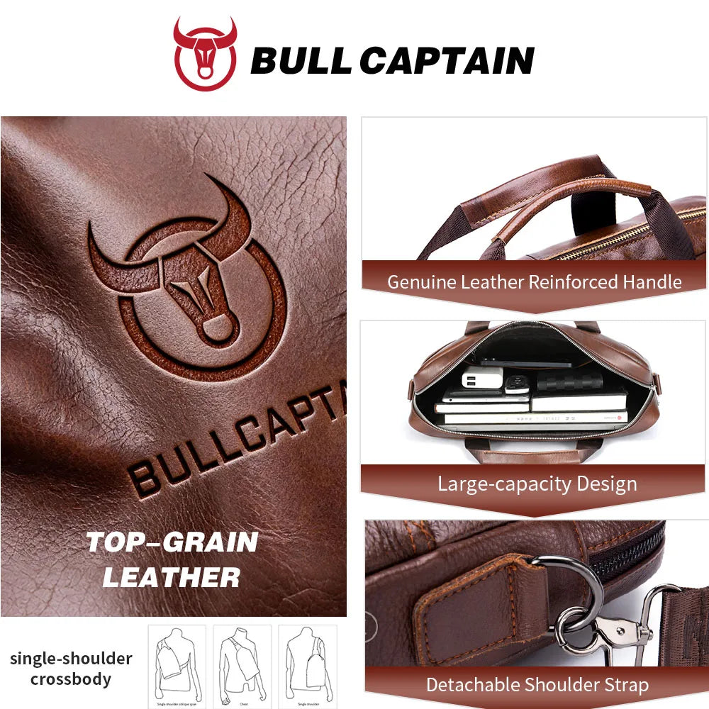 BULLCAPTAIN Leather Laptop Bag, Top Layer Leather 15" Laptop Bag Men's Laptop Briefcase Briefcase Work Business Travel Bag 053