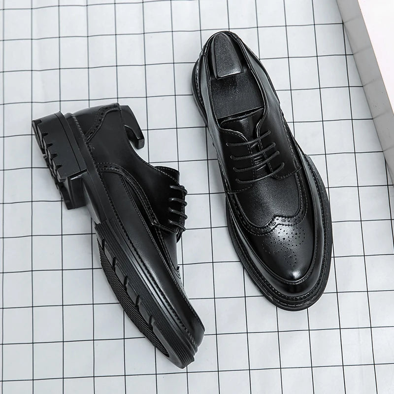 New Leather Shoes for Young Men British Brock Formal Business Increase Casual Black Wedding Groom Lace-Up Men's Shoes