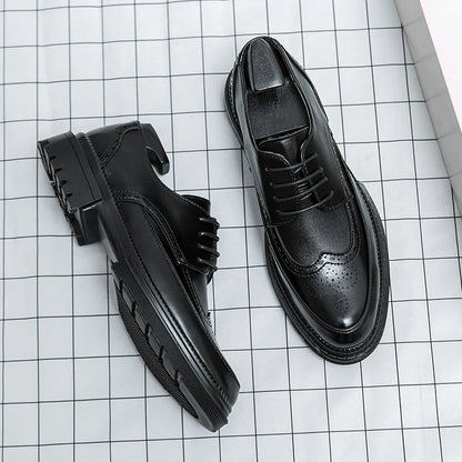 New Leather Shoes for Young Men British Brock Formal Business Increase Casual Black Wedding Groom Lace-Up Men's Shoes